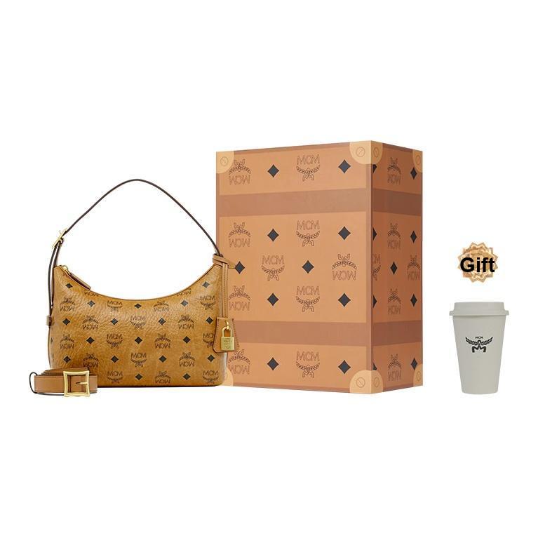 MCM Aren Visetos Monogram Pendant Trendy Hobo Bag Women bags Brown Cognac MWHESTA01CO001