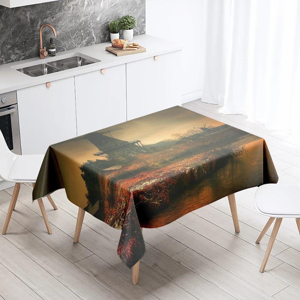 Sunset Windmill Scenery Tablecloth Party Restaurant Banquet Decor Stain Resistant Waterproof  Home Table Decoration