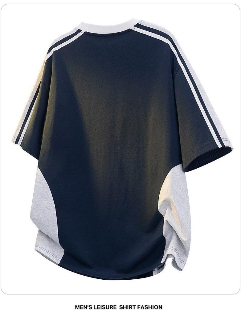 Herren Trendy Patchwork Kurzarm T-Shirt - Schwerer Stoff Rundhals Sommerbekleidung