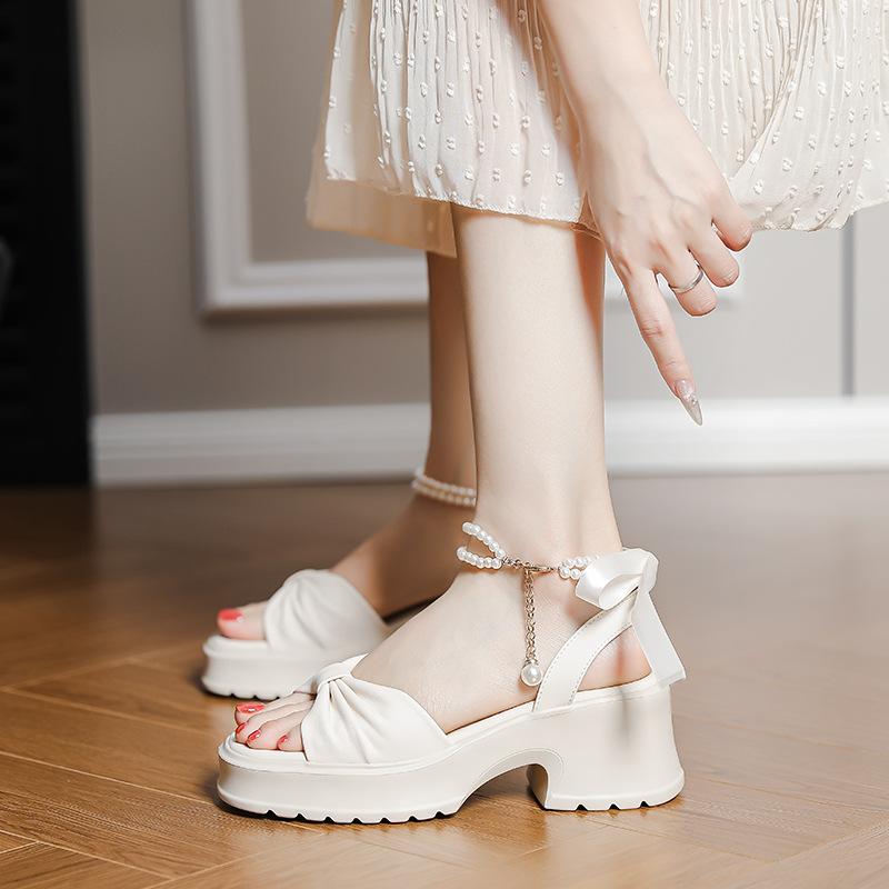 Platform sandals women's 2025 new summer not tired feet daughter gold wind pearl bow high heel soft sole Roman shoes