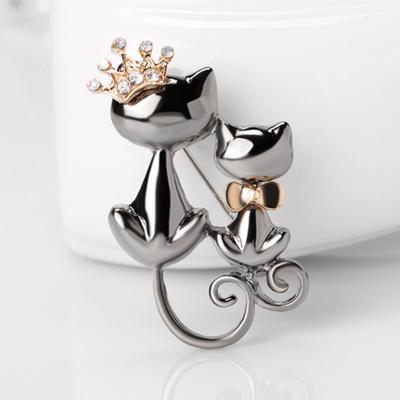 Fashion Jewelry Shiny Rhinestone Cute Double Cats Kitten Crown Brooch Pin Gift