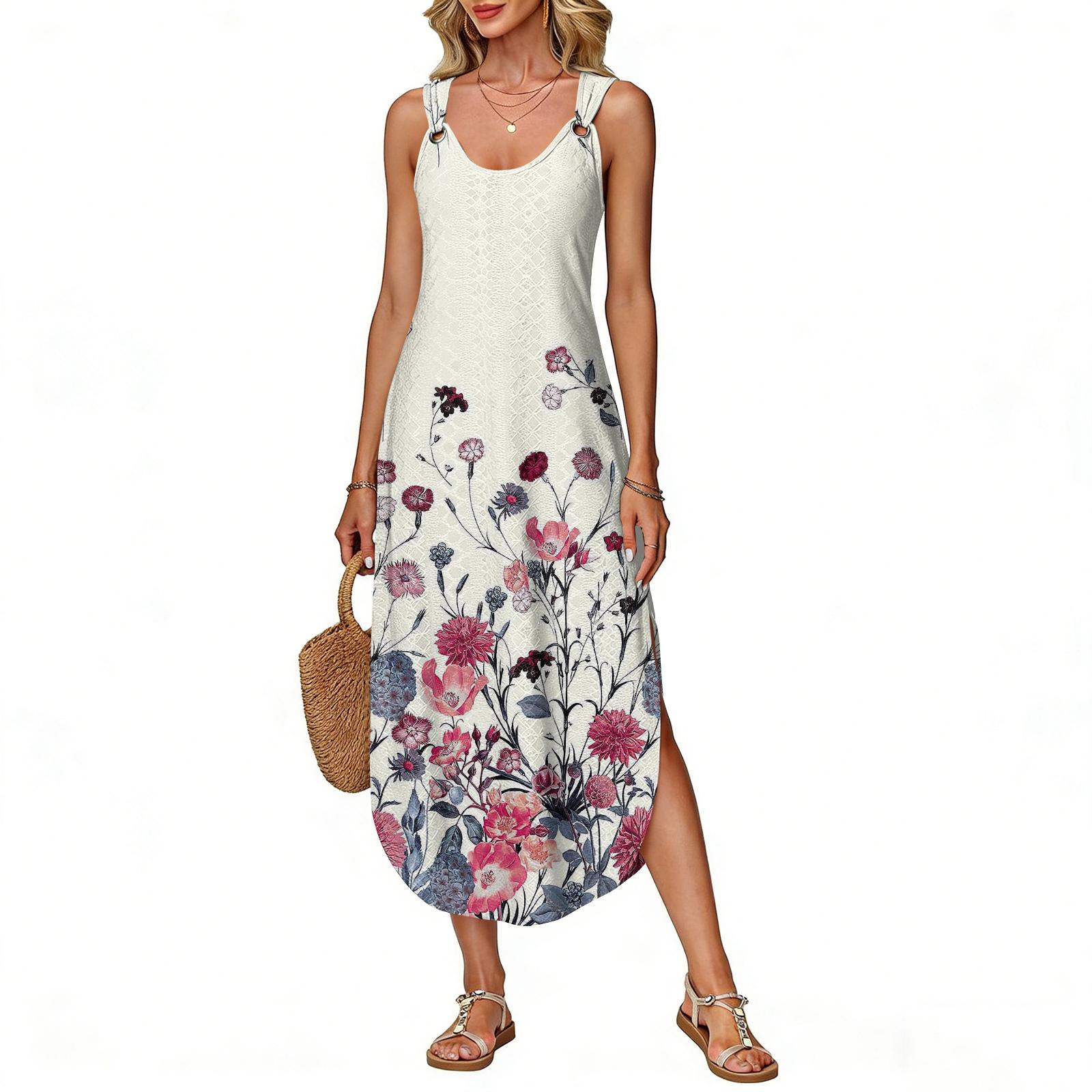 

Женское летнее длинное платье, без рукавов, с боковыми разрезами, длинное ретро-платье-комбинация с принтом L бежевый