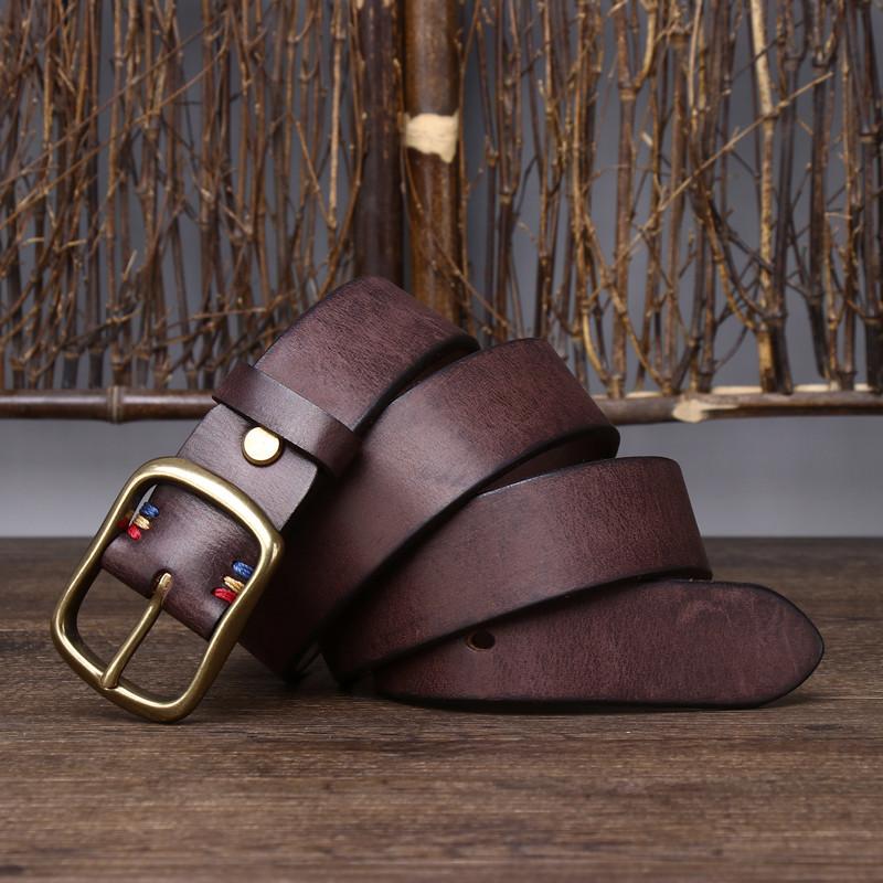 3.8CM Wide Thick Top Layer Pure Cowhide Copper Buckle Genuine Leather Belt for Men's Retro Versatile Jeans Belt