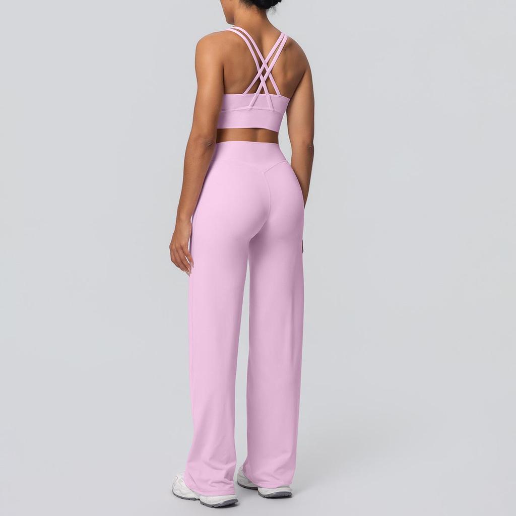 Shockproof Cross Back Running Bra & High Waist Wide Leg Yoga Pants