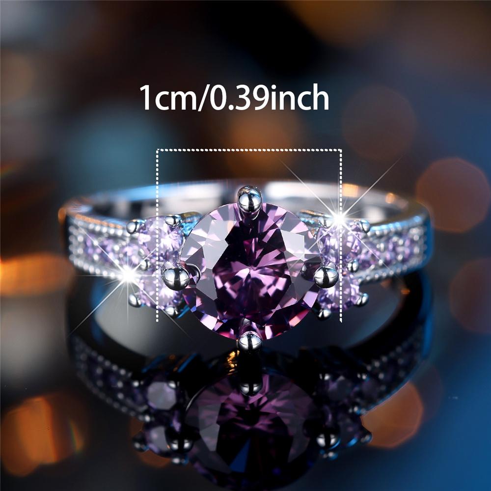 Cute Female Purple Zircon Round Stone Ring Silver Color Engagement Charm Wedding Jewelry For Women