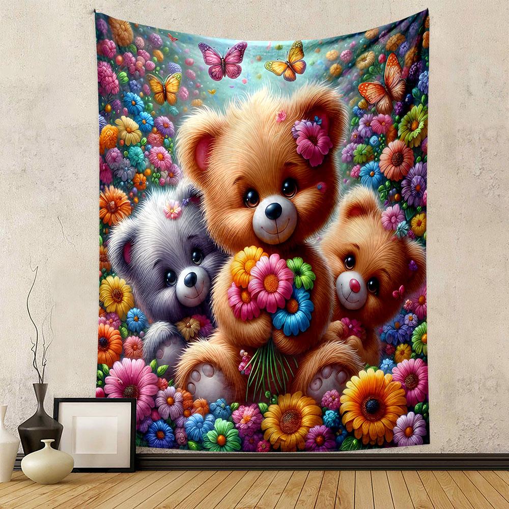 Fluffy Bears with Flowers and Butterflies Patterned Tapestry Decorative Wall Hanging, Home Bedroom Living Room Decor