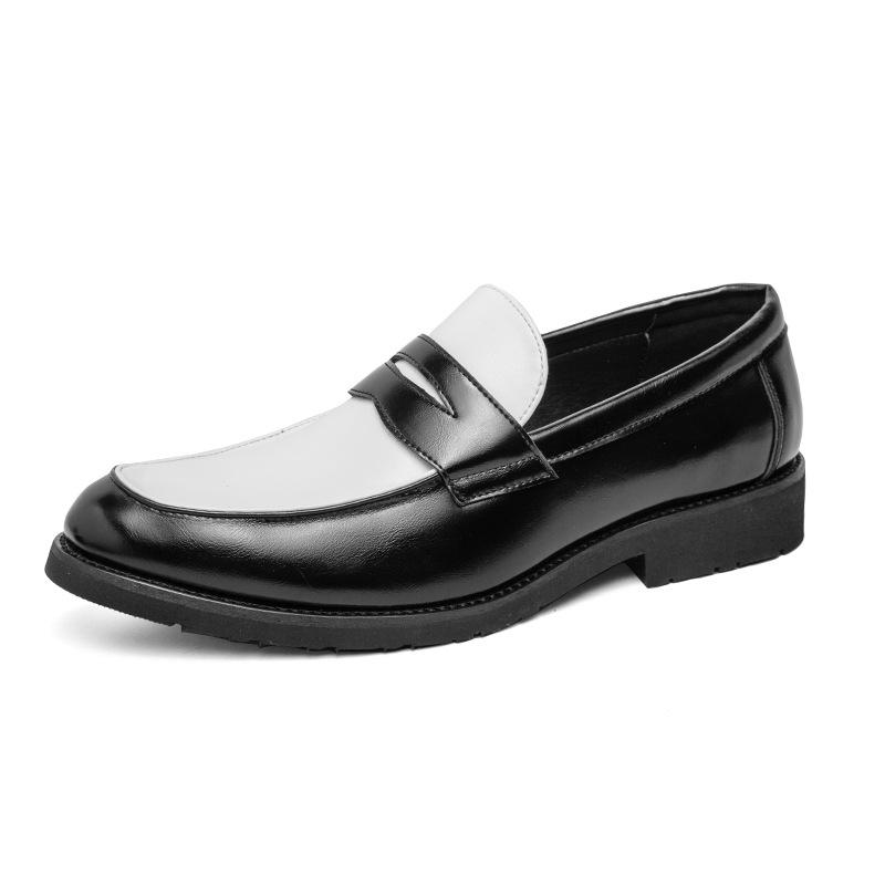 Spring New Men's Low-top Trendy Leather Shoes 46 Large Size Black and White Color Matching Leather Shoes Men's One-pedal Loafers
