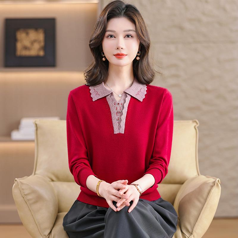

Stylish Loose Plus Size Knit Lapel T-shirt for Moms – Long-Sleeved Spring/Autumn Base Layer 2XL (Recommended for 120-135 lbs)