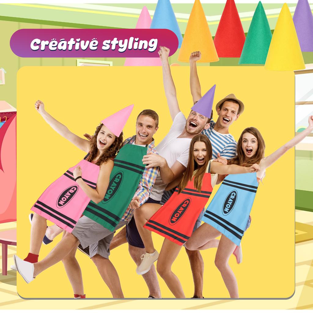 7Pcs Crayon Apron Costume Set 7 Color Polyester Halloween Crayon Costume with Cone Hat Adjustable Cooking Apron Unisex for Party