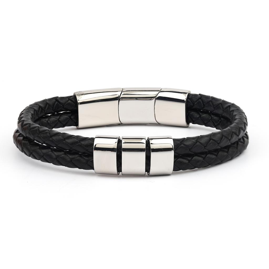 Men's Leather Bracelet Magnetic Tail Buckle Stainless Steel Positioning Ring Engraved Father's Day Gift Double Leather Bracelet