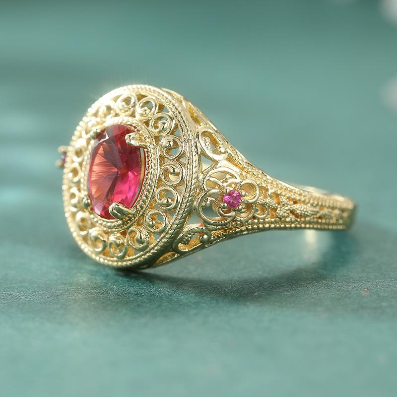 Vintage Inlaid Red CZ Women's Ring Aesthetic Gold Color Hand Carving Hollow Daily Wear Party Jewelry Anniversary Gift