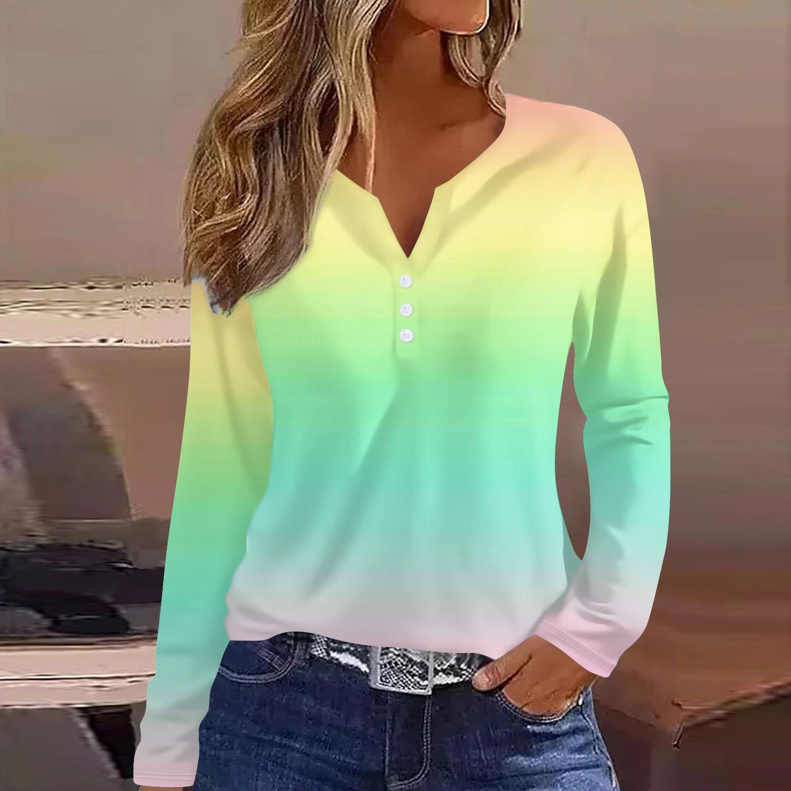 

Женская модная повседневная футболка с v-образным вырезом и длинным рукавом с принтом, топ на пуговицах жёлтый