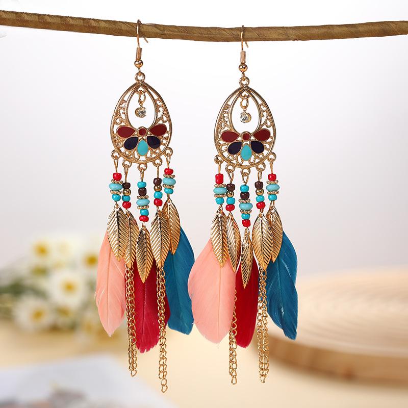 Fashion Vacation Style Bohemian Feather Earrings for Women Ethnic Long Chain Bead Leaf Dangle Earrings Party Daily Jewelry