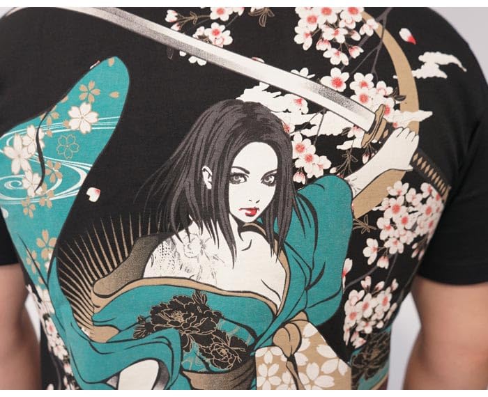 Battou Musume Karakuri Tamashii Japanese Pattern T-Shirt, Men's, Short Sleeve, Rin, 252138-20, Black-XL