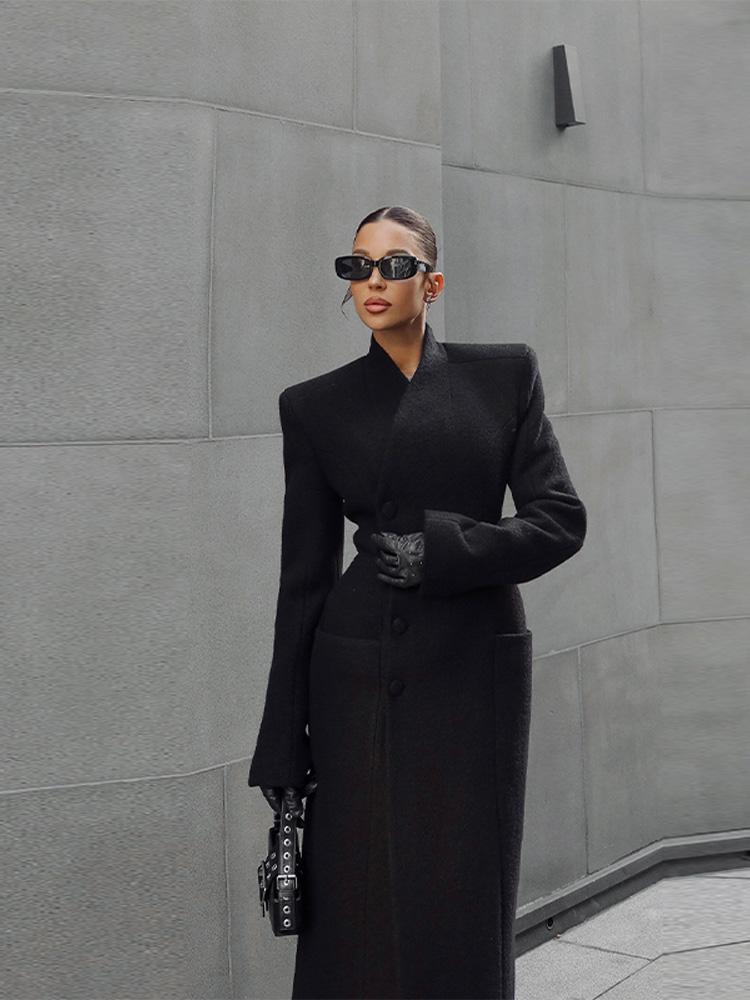 Damen Einreihiger Taillenbetonter Schultergepolsterter Mantel Damen Langer Modischer Warmer Mantel Schwarz 2025 Neue Kollektion