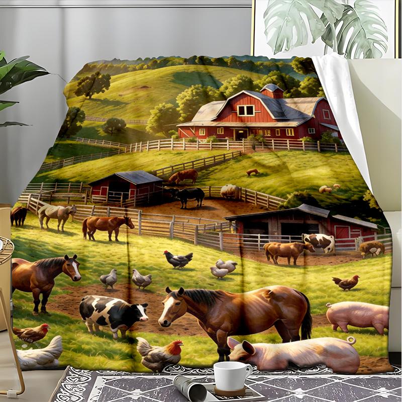 Farm Animals Countryside Scenery Fleece Printed Flannel Blanket, Warm Soft Throw Sofa Bed Blanket