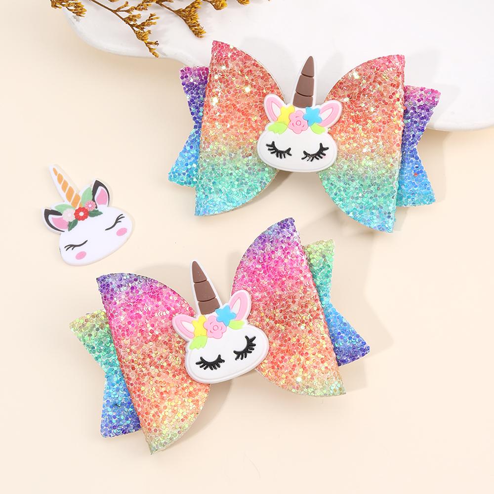 2 Stuks Regenboog Eenhoorn Cartoon Haarclip Kawaii Zoete Pastel Glanzende Strik Haarspeld Voor Meisjes & Kinderen Hoofddeksels Kinderaccessoires
