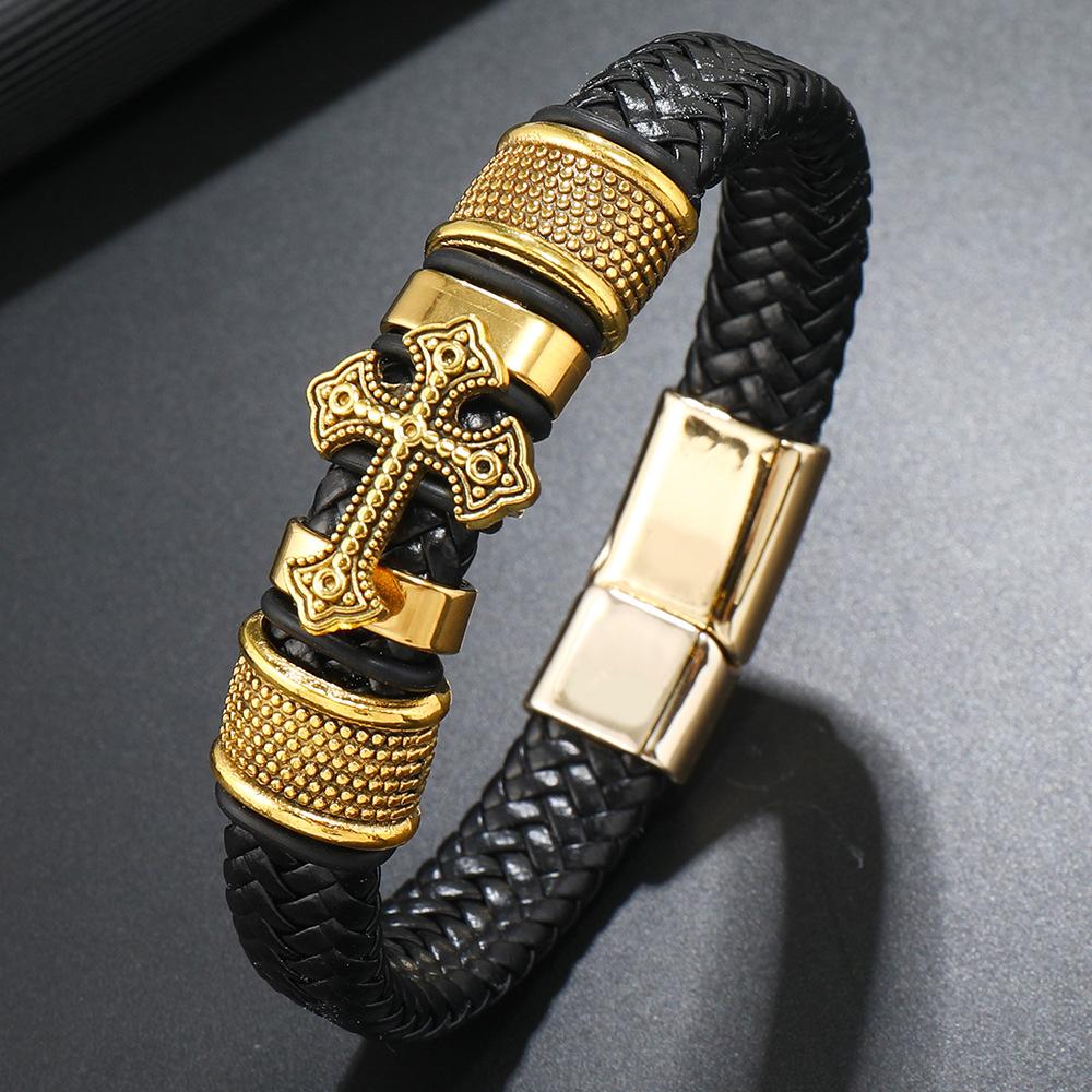 

Mens Braided Leather Bracelet Punk with Cross Magnetic Clasp Minimalist Wristband Accessory золотой