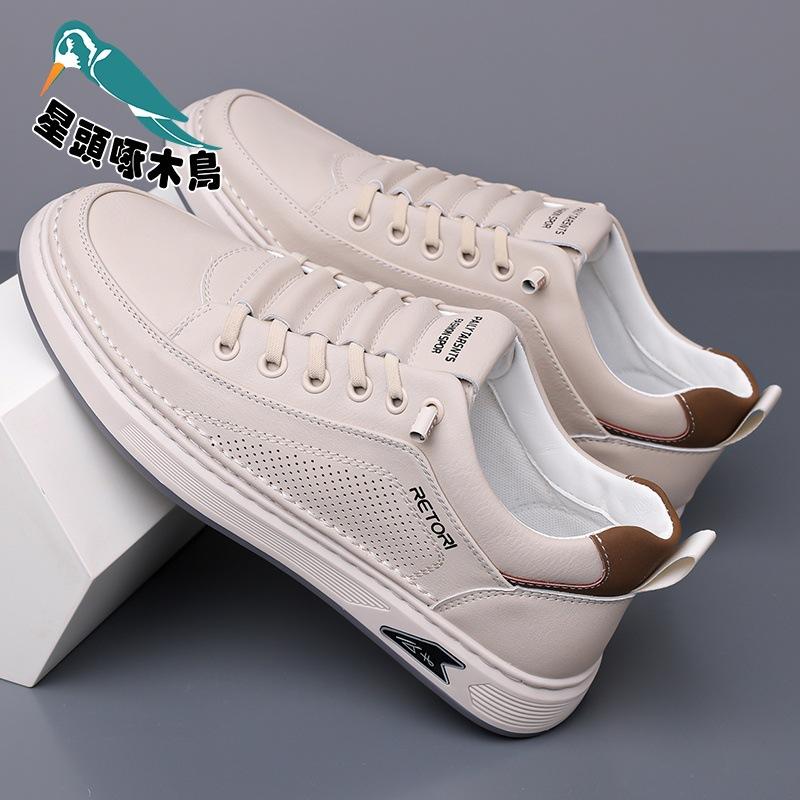 

2025 new summer breathable casual leather shoes men s flat shoes hollow leather white shoes 44