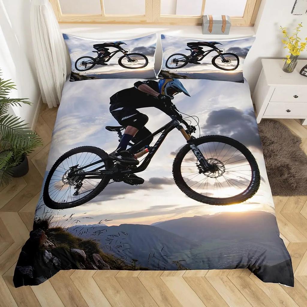 Bicycle Rider Duvet Cover Toddler Size For Kids,Mountain Bike Bedding Set For Teens Adults,Watercolor Quilt Cover