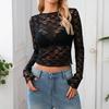 Dlouhý rukáv Průhledný krajkový crop top Jednobarevné Sexy bodycon tričko Pro ženy Párty Klub Podzimní zimní oblečení