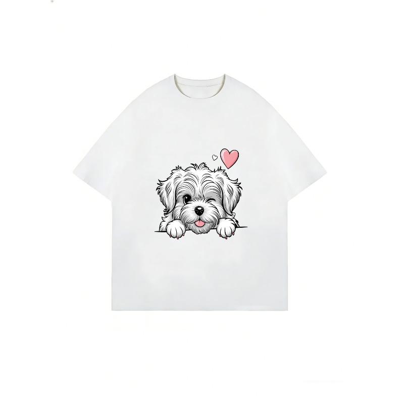 Cute Dog Print T-Shirt White Shih Tzu Puppy With Heart Design Casual Everyday Wear For Women