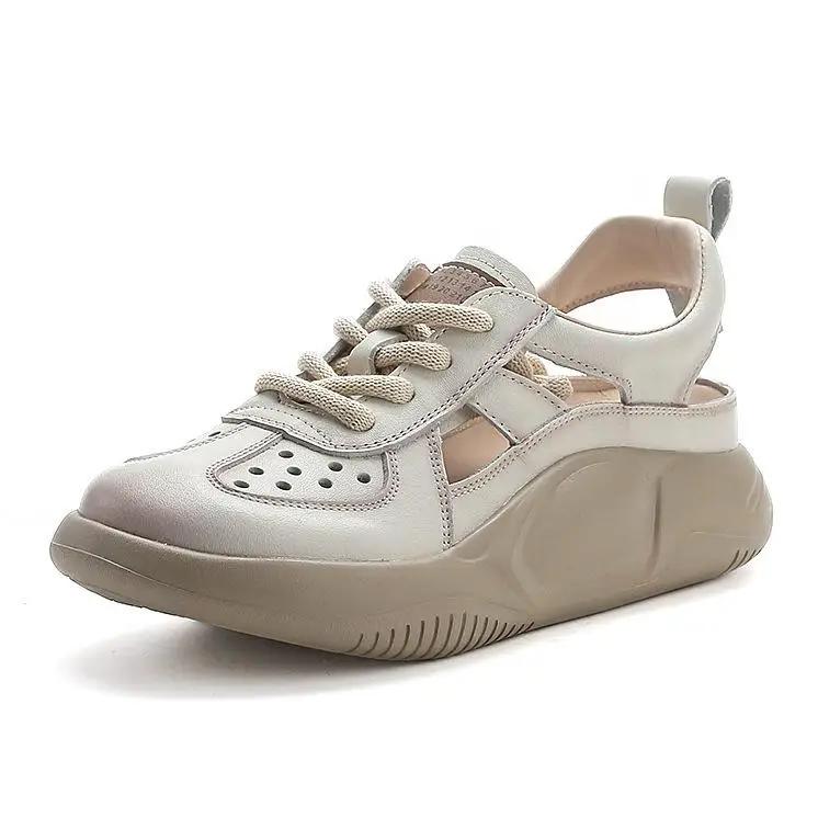 Fashion 3.5CM Platform Sandals Women New Summer Round Toe Shoes Lace-Up Genuine Leather Thick Bottom Lightweight Casual Sneakers Sandals
