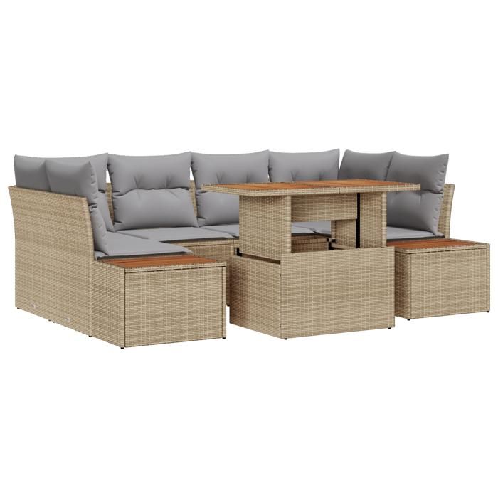 VidaXL Ensemble de salle à manger de jardin de 7 pièces avec coussins en poly rattan beige et acacia 3350037
