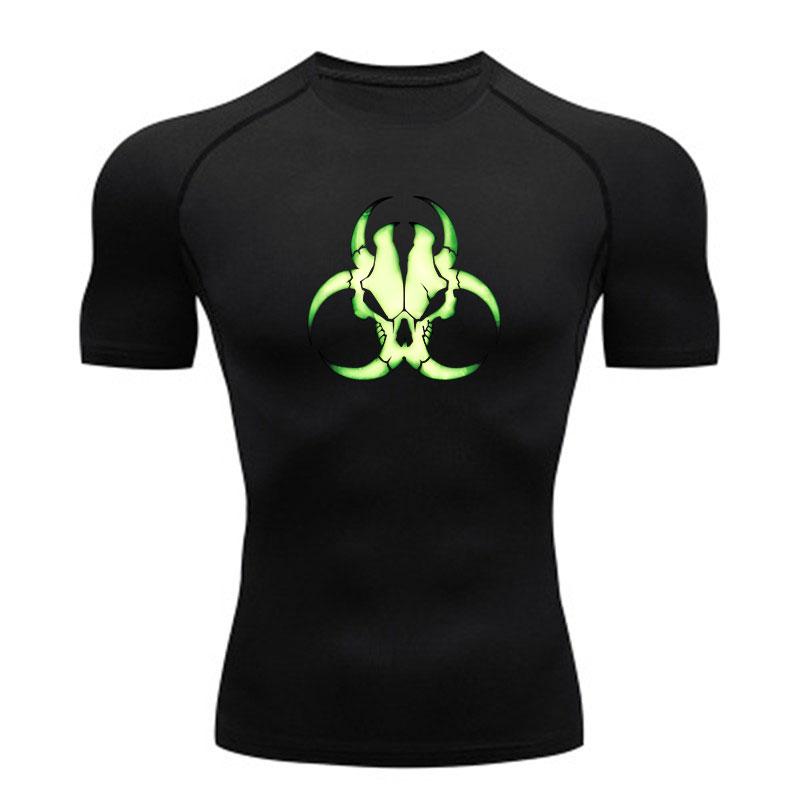 Men's Compression Workout T-Shirt, Green Glow Biohazard Skull Pattern Quick Dry Breathable Athletic Shirt for Gym Running Training Active Casual Wear
