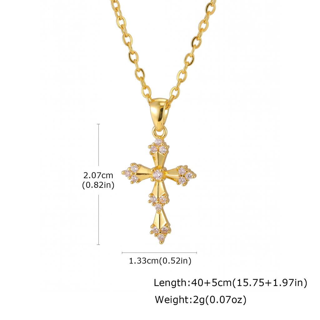 Elegant French Vintage Cross Necklace with Zircon for Women, Gold Plated Baroque Crucifix Thin Link Chain Religious Gift