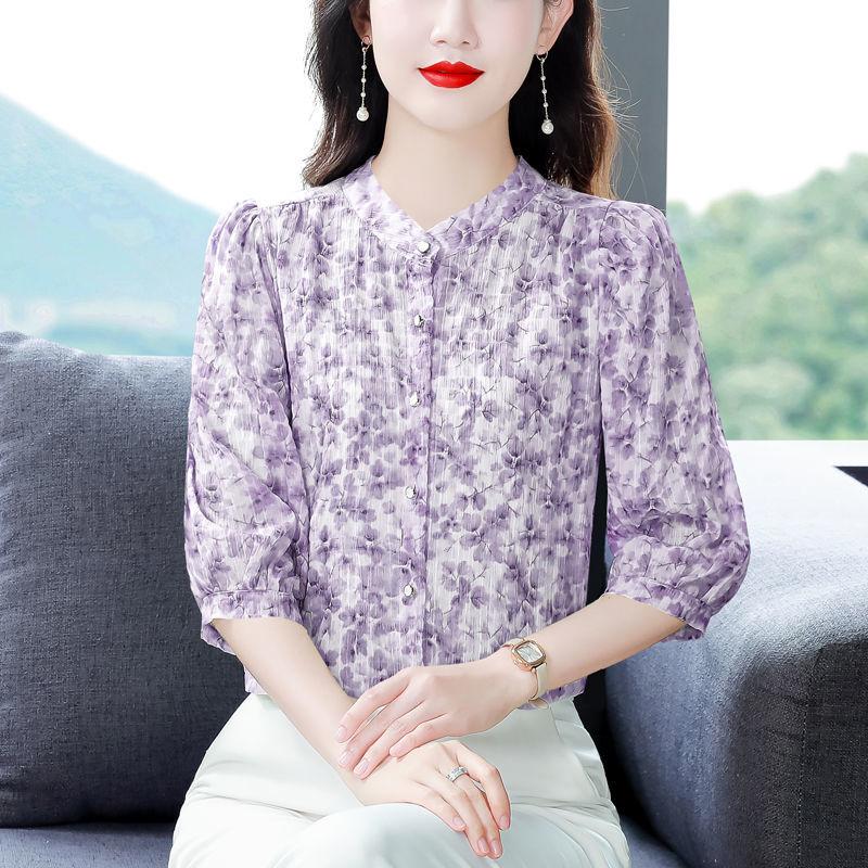 

Шифоновая рубашка с рукавами три четверти. Летняя новая свободная и модная рубашка с цветочным воротником-стойкой. Шифоновый топ. M фиолетовый