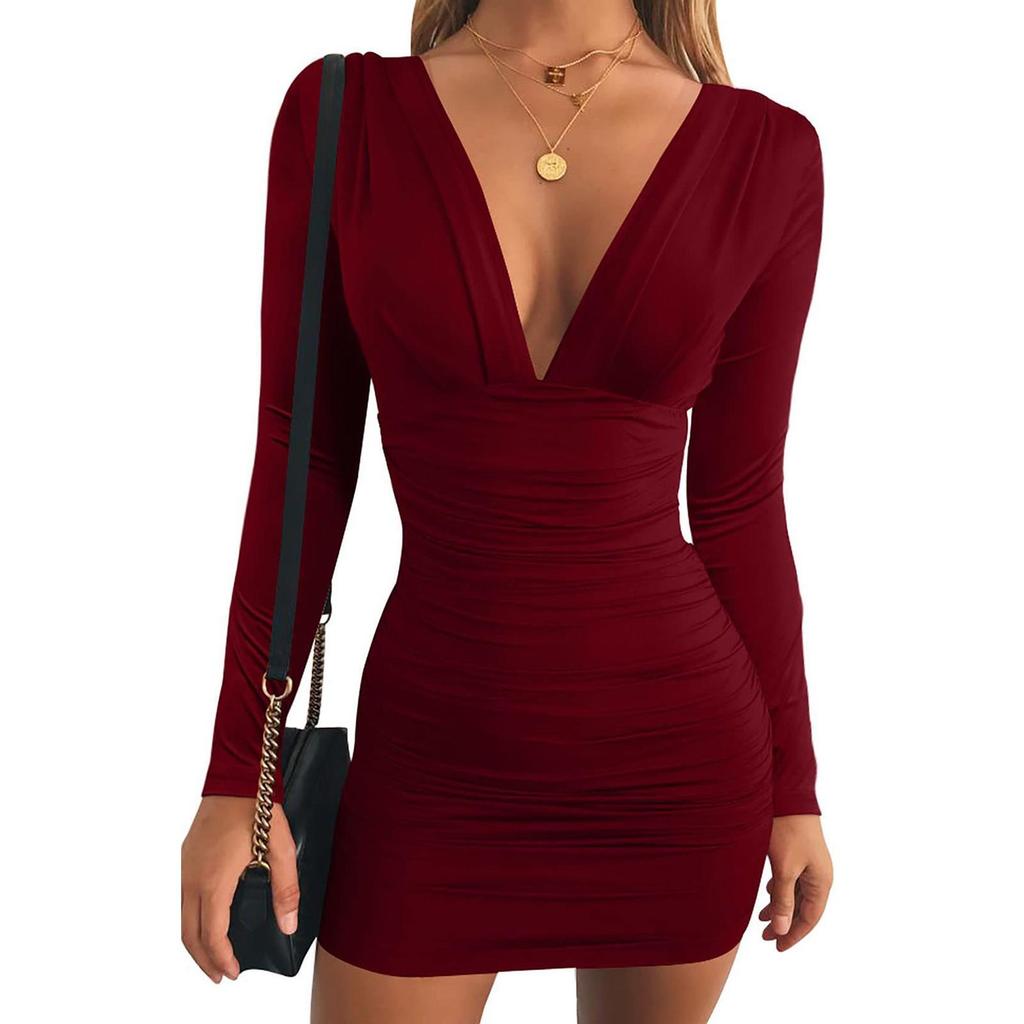 Women's V-neck Sexy Long-sleeved Short Skirt Solid Color High Waist Hip Dress