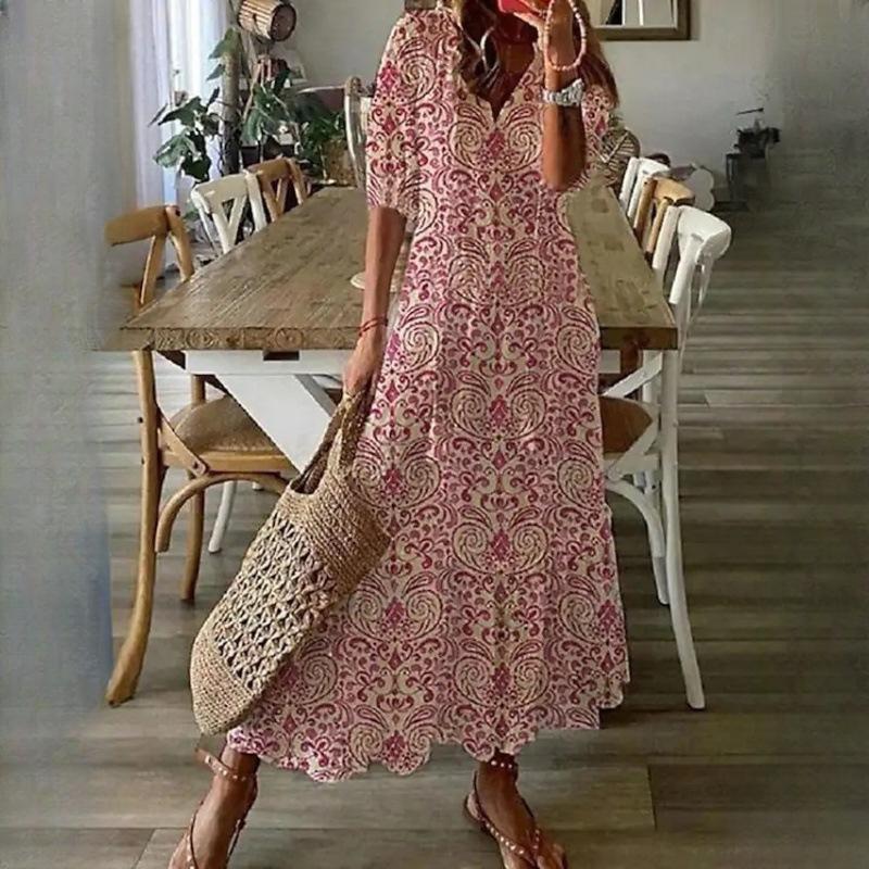 IHUASU Damen Casual Sweetheart Loose V-Ausschnitt Bedruckte Hosenträger Mittellange Ärmel Lange Kleider