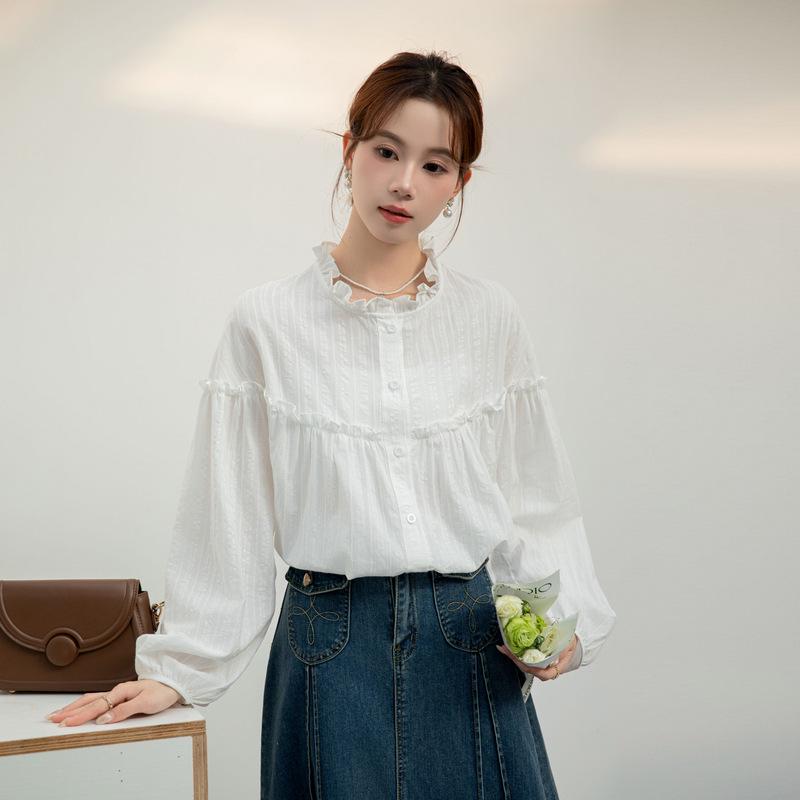 Women's White Long Sleeve French Sweet Ruffled Collar Shirt - 2026 Spring/Autumn Solid Color Fashion