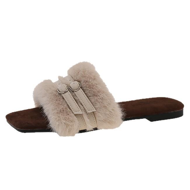 2025 Winter New One-word Drag Rubber and Casual Fashion Comfortable Wear-resistant Half Slippers Versatile Outer Wear Suede