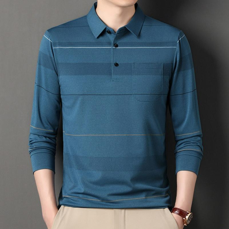 Spring Thin Long-sleeved T-shirt Men's Lapel Mercerized Cotton Dad Wear Striped T-shirt Men