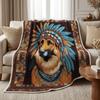 1PC Bohemian German Shepherd with Feathers Thick Flannel Blanket, Soft Warm Throw, Ideal Gift for Adults