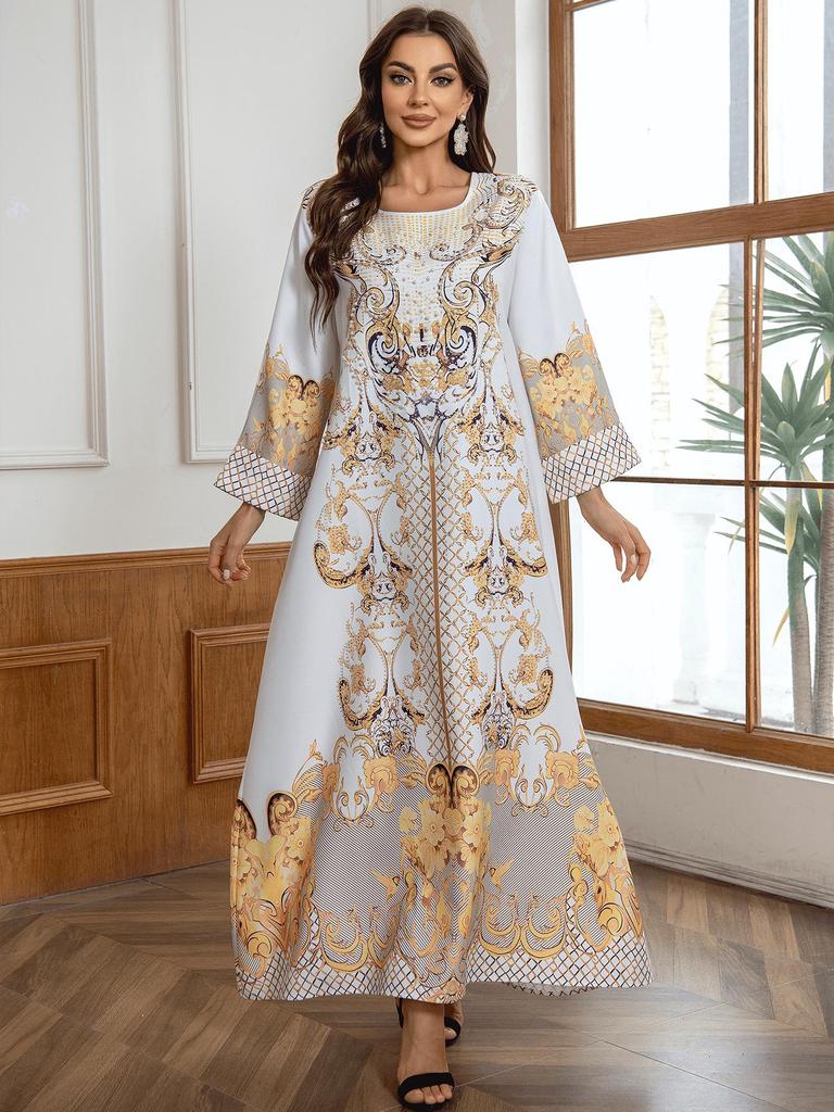 ZD025 Stylish Muslim Women's Beaded Print Robe Dress