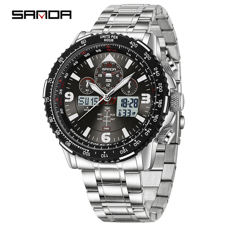 Orologio da polso da uomo Sanda a doppio movimento con display a tre finestre, multifunzioni, cinturino in pelle e acciaio e funzione impermeabile.