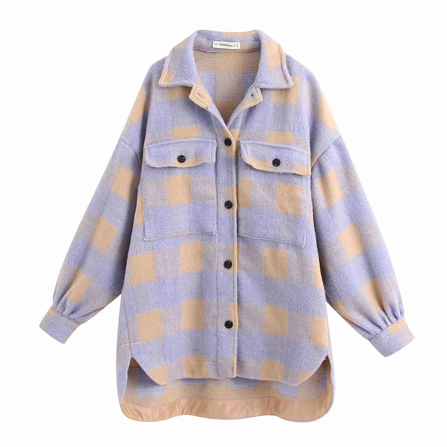 2023 Women s Plaid Woolen Loose Pocket Shirt Jacket Large