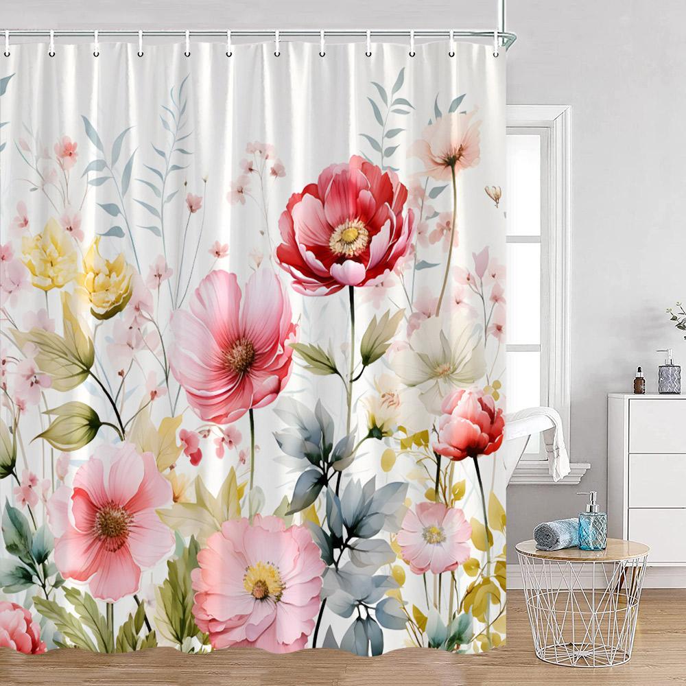 Watercolor Flowers Shower Curtains Colorful Flower Green Plants Botanical Bathroom Decorations Modern Aesthetic Bath Curtains