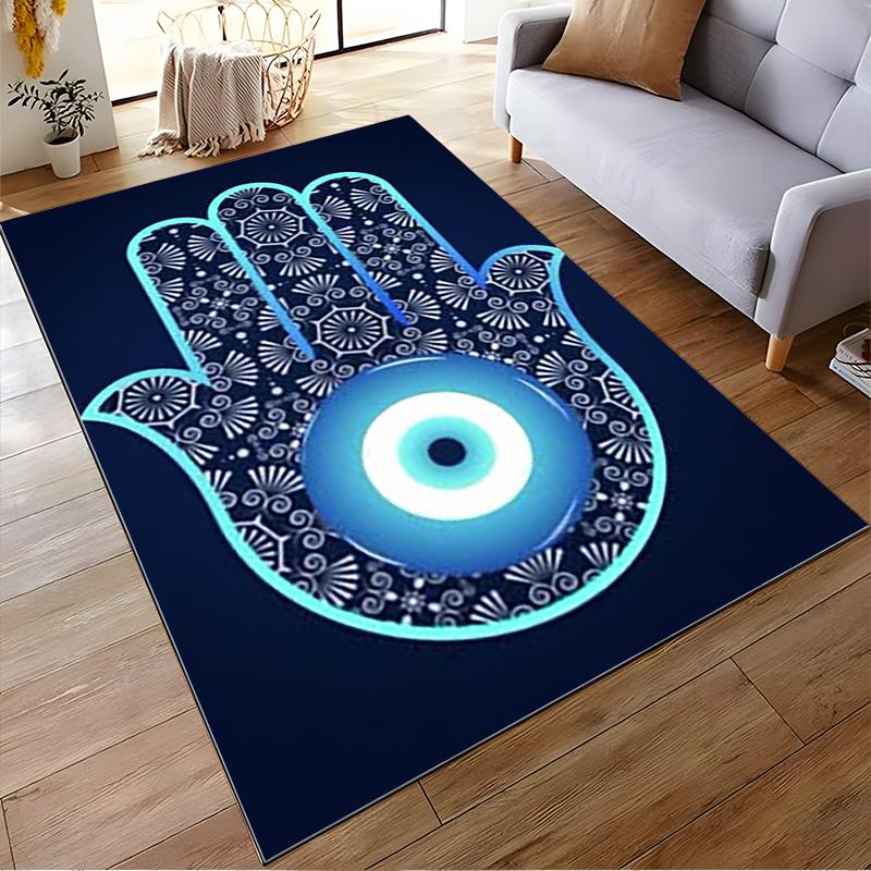 Blue Hamsa Evil Eye Pattern Carpet with Intricate Floral Design Suitable for Use As an Anti-slip for Living Room Bedroom Sofas