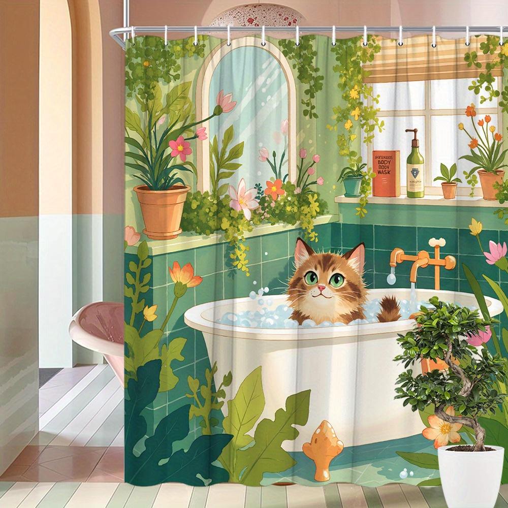 Comfortable Bathroom Shower Curtain With Pattern Of Naughty Tabby Cat In Bathtub For Bathtub Shower Curtain With 12 Hooks,