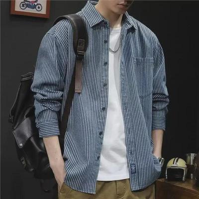 Men's New Autumn Washed Striped Denim Long-Sleeve Japanese-Style Casual Blue Shirt Jacket