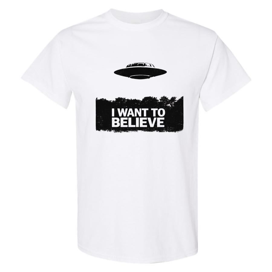 UFO I Want To Believe Vintage Sci Fi Alien Flying Saucer Forest Graphic T Shirt S