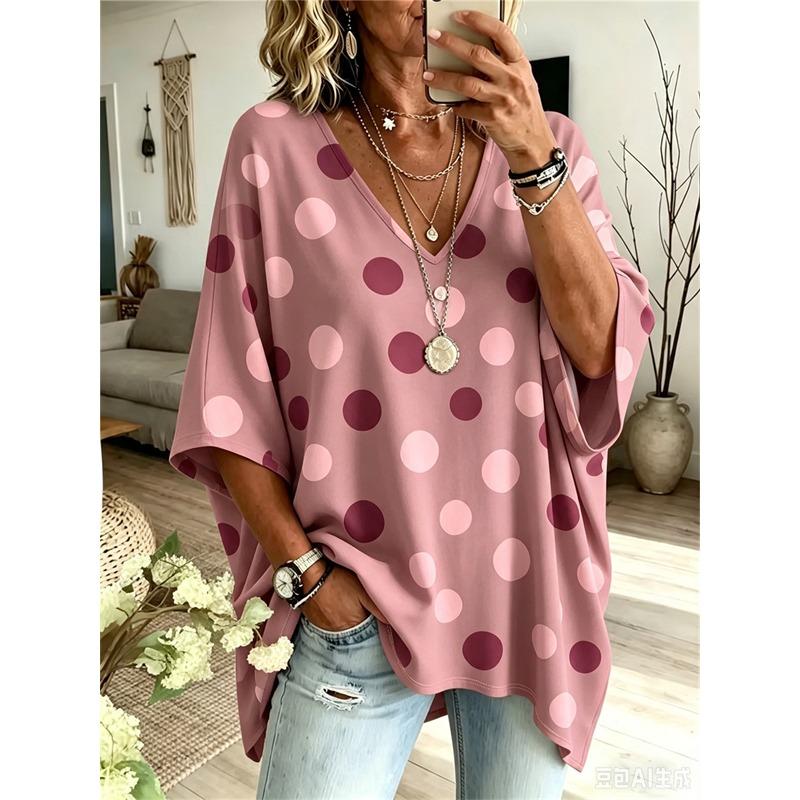 Printed Plus-Size Women's V-Neck Batwing Sleeve T-Shirt Bohemian Ethnic Print Loose Top Summer Comfortable Breathable Daily Commute Casual