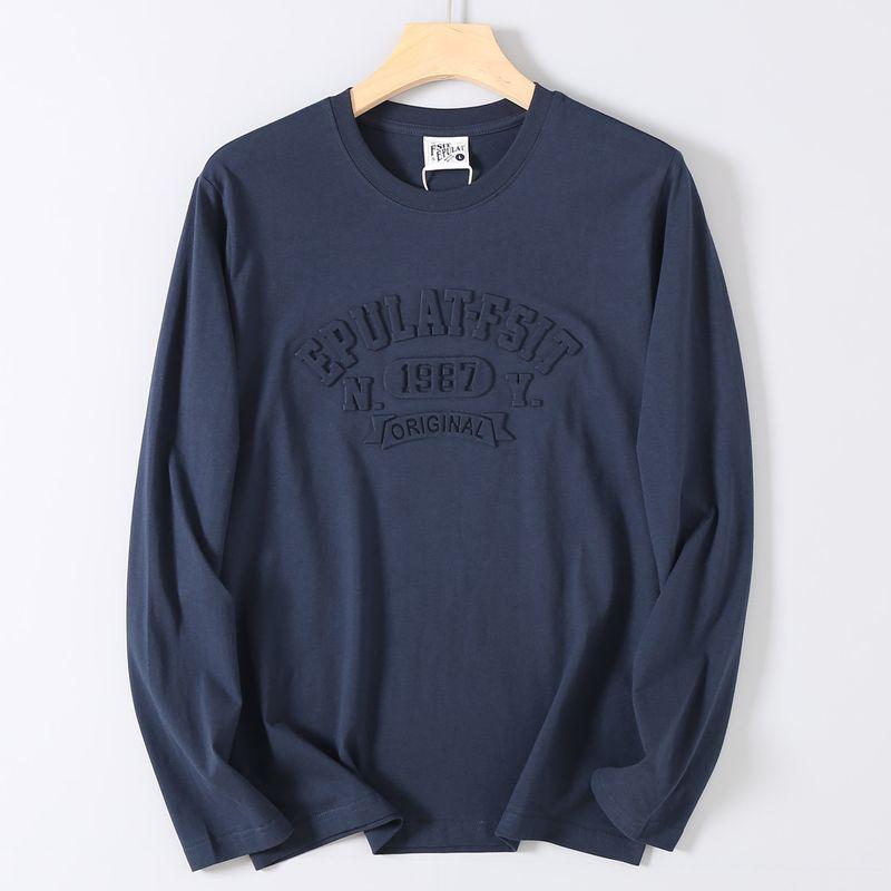 Foreign Trade Surplus Cotton Washed 3D Embossed Printed Long-Sleeve T-Shirt for Men, Autumn Round Neck Casual Base Shirt