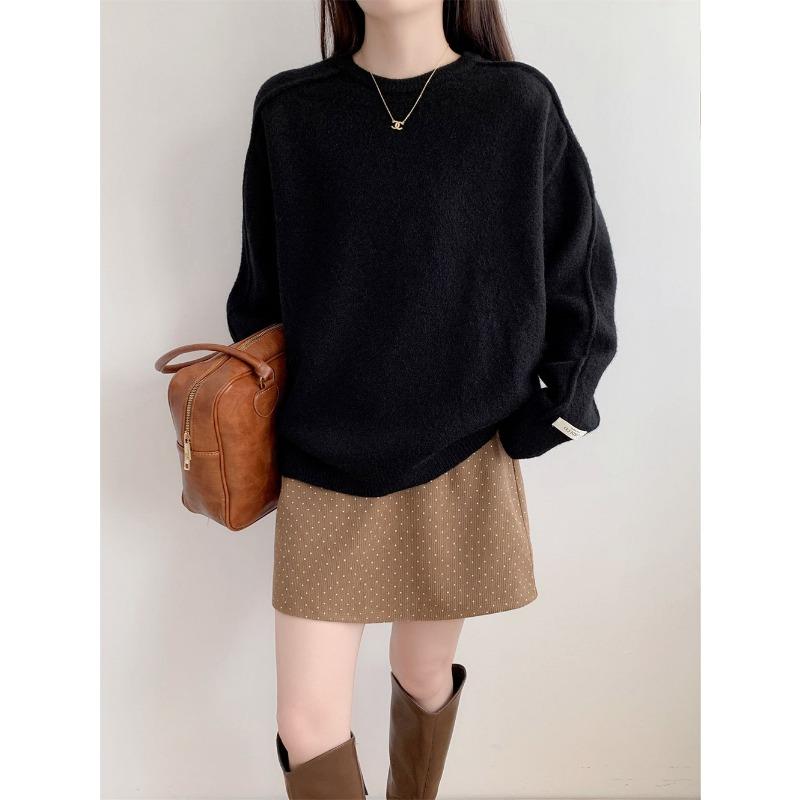 Retro round neck solid color versatile pullover sweater women's autumn and winter new loose and thin knitted sweater top