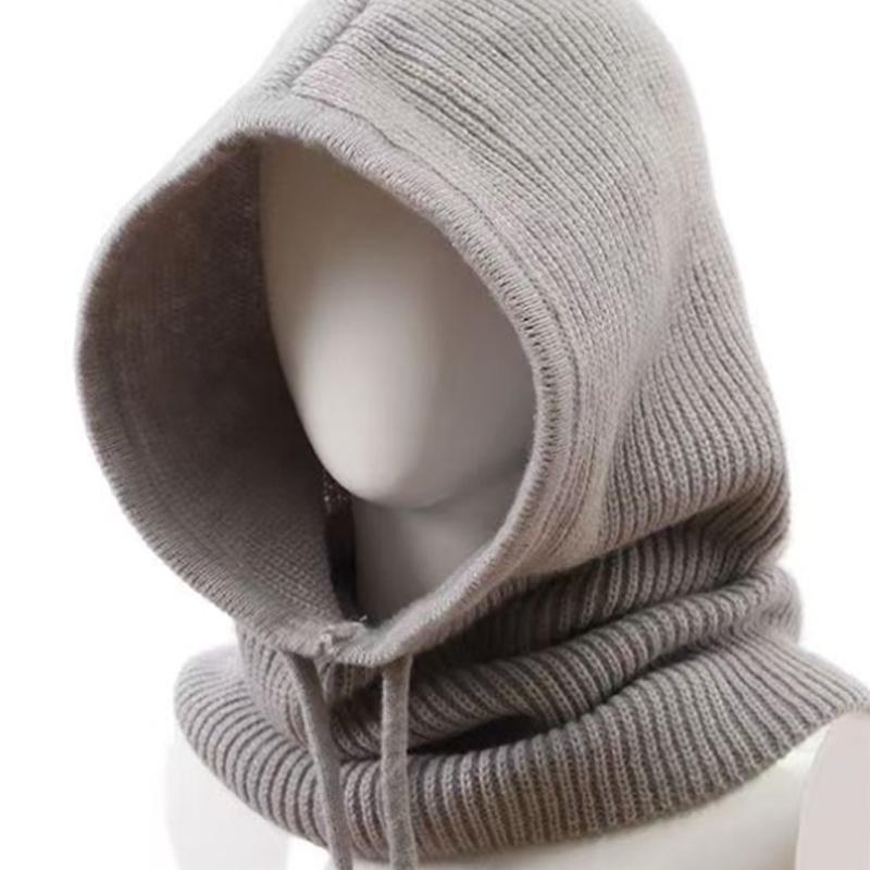 Winter Hooded Neck Collar Knitted Hats Women Men Pullover Balaclava Warm Ring Scarf Beanie Adjustable Drawstring One-Piece Caps