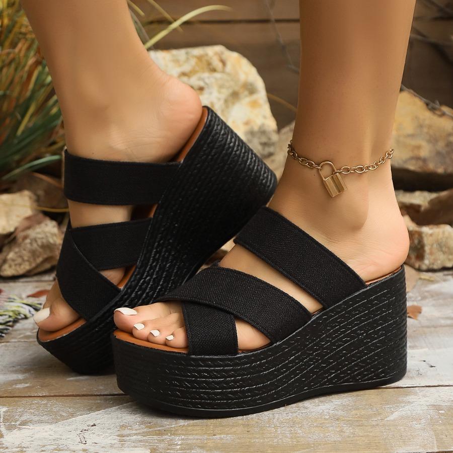 Women's Cross-Strap Casual Sandals 2025 Plus Size Summer New Arrival Fabric Platform Chunky Heel Wedges